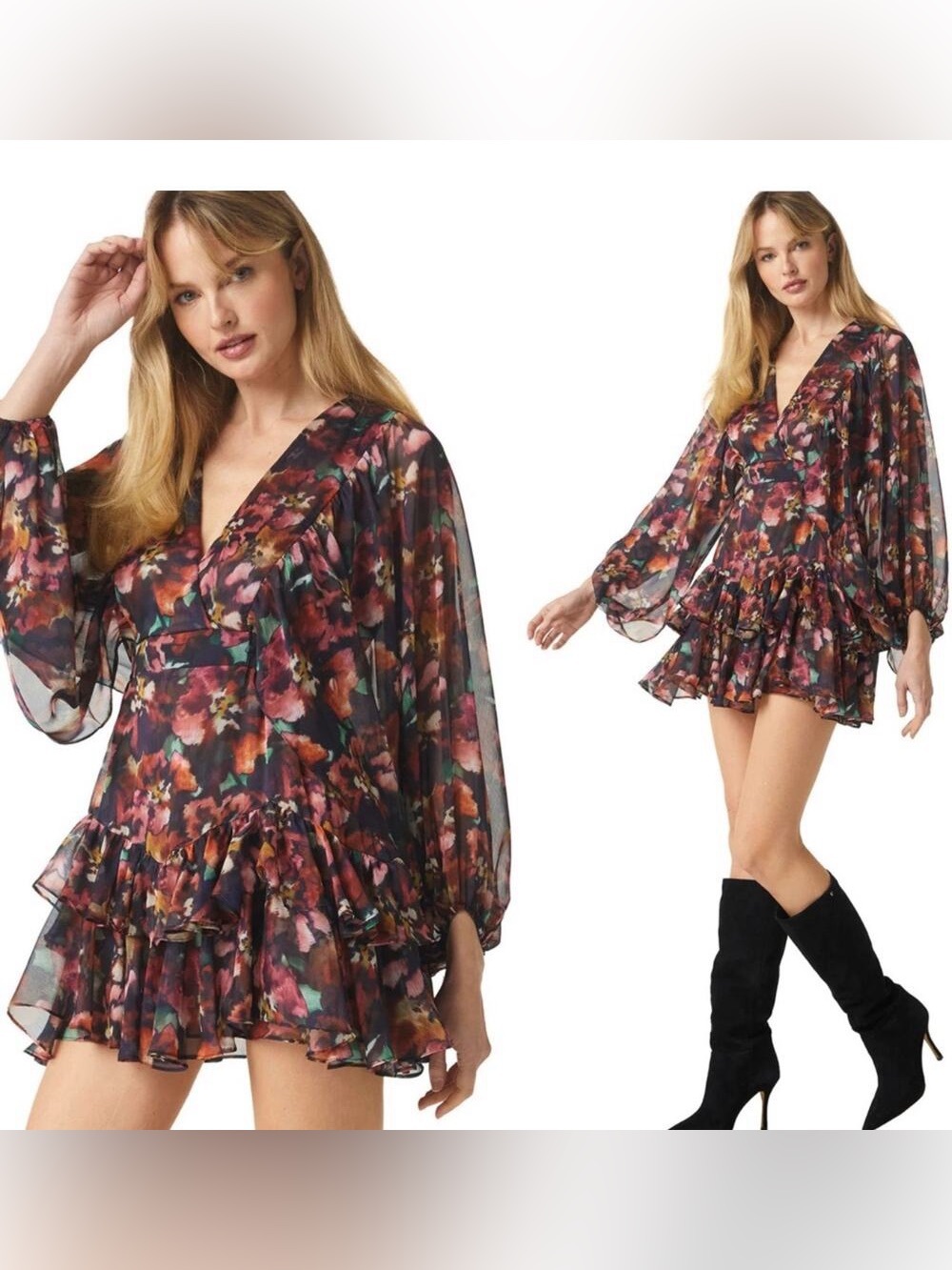 MISA Los Angeles Jolene Floral V-Neck Long Sleeve Ruffle Mini Dress